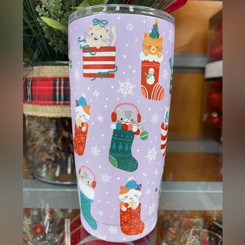 Christmas Cats in Stockings Purple Insulated Stainless Tumbler Clementine NWT